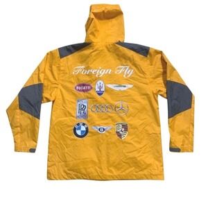 Tri-Mountain Foreign Fly‎ Yellow Hooded Windbreaker Jacket Mens Large Car Logos